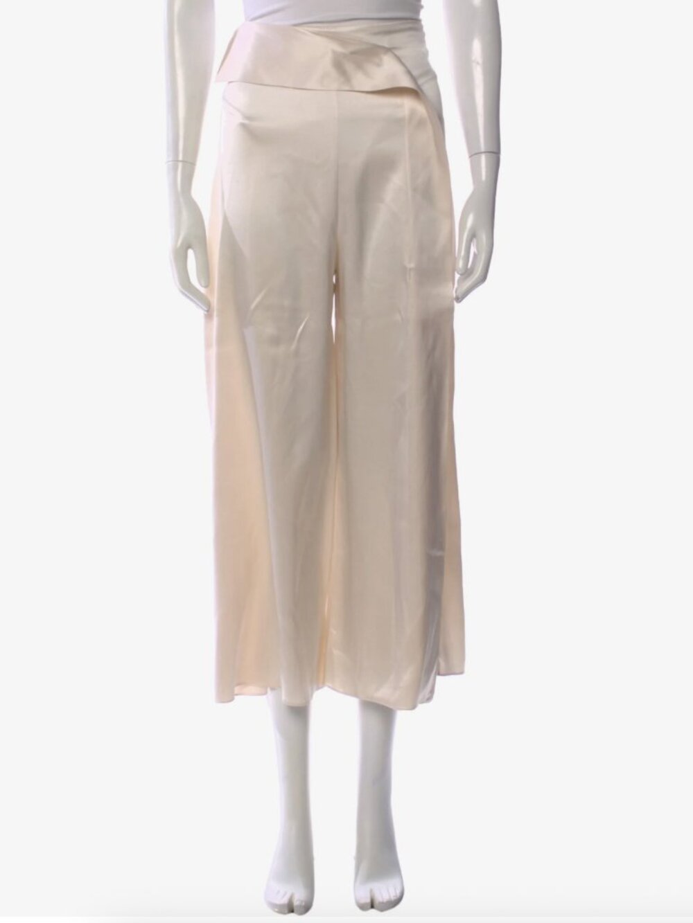 Cushnie Cream Satin A-Line Cropped pants with Draped Waist and front slit
